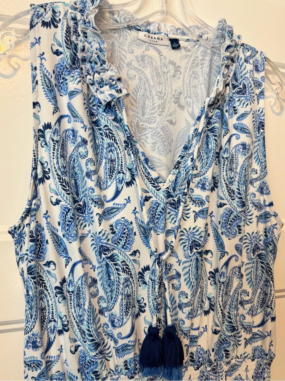 Cabana Life Blue White Paisley Tassel Dress Sleeveless Smocked Waist Size Large - Picture 3 of 10